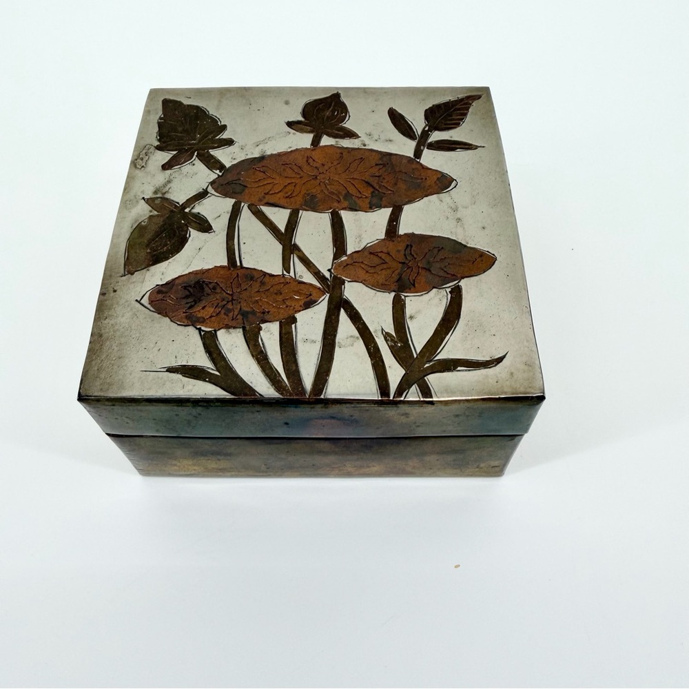 Vintage 4" Square Solid Brass Trinket Box Mixed Metal Floral Relief India MCM